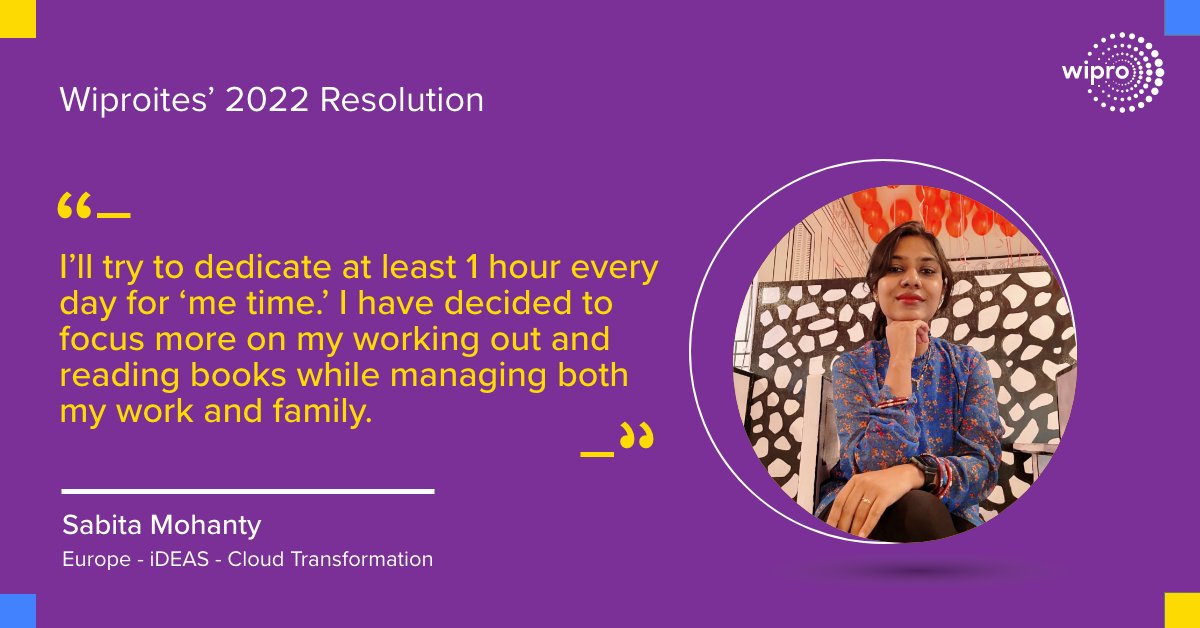 WiproCareers's tweet photo. We, Wiproites, are all set with our new yearโs resolutions, are you ready with yours too?
Thank you, Sabita, for sharing such a positive intent.
#positiveresolution #metime #2022resolutions https://t.co/JHgngPUV1U