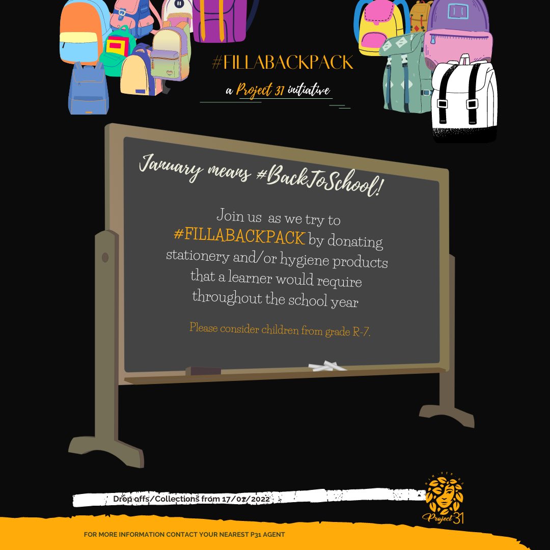 Project31_'s tweet photo. We’re kicking off the year with a Project 31 initiative, this one is for the school kids! #FillABackPack

You can assist by donating listed stationery items or by donating to our Back A Buddy 
https://t.co/EsWc8Q6jad https://t.co/kaOtkCbj7y