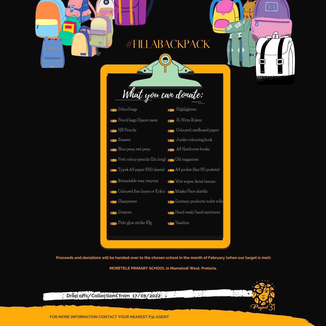 Project31_'s tweet photo. We’re kicking off the year with a Project 31 initiative, this one is for the school kids! #FillABackPack

You can assist by donating listed stationery items or by donating to our Back A Buddy 
https://t.co/EsWc8Q6jad https://t.co/kaOtkCbj7y