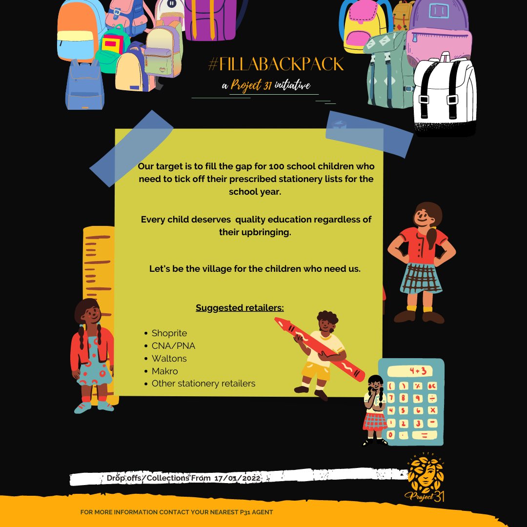 Project31_'s tweet photo. We’re kicking off the year with a Project 31 initiative, this one is for the school kids! #FillABackPack

You can assist by donating listed stationery items or by donating to our Back A Buddy 
https://t.co/EsWc8Q6jad https://t.co/kaOtkCbj7y