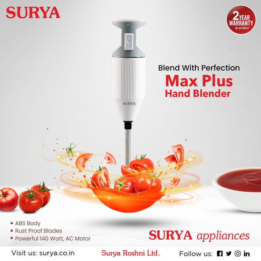 surya_roshni's tweet photo. Making purees and pastes made easier with Surya Max Plus Hand Blender. It comes with rust proof blades and a powerful 140W motor

Visit us at- https://t.co/AGhbNZRuUO

#Surya #SuryaAppliances #Blender #HandBlender #HandBlendingMachine #MaxPlusHandBlender #KitchenAppliances https://t.co/ZdN9oqwmlL