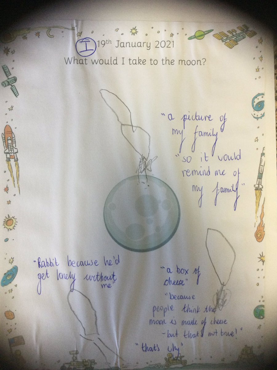 HTAClassKuczak's tweet photo. Our book this week is ‘Whatever Next’ by Jill Murphy. So far we have built our own rockets to get Baby Bear to the moon, we acted out the story and we also wrote a list of things we’d take to the moon with us! 🌙 ✨ https://t.co/7iVLc6UA5X