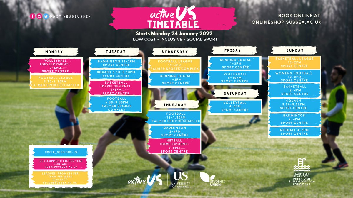 Our new 2022 Spring Semester timetable is here! 🤩 Book our social sessions for just £2 here: onlineshop.sussex.ac.uk/product-catalo…