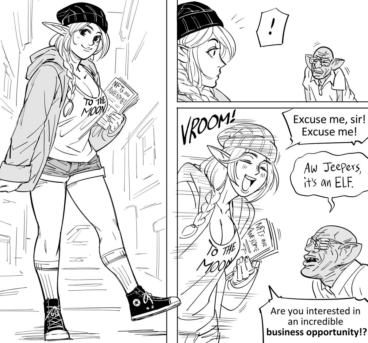 Patreon request:
Big boob Elf shilling crypto to boomers.

(The Goblin is 48 years old, and the Elf is 537.) 