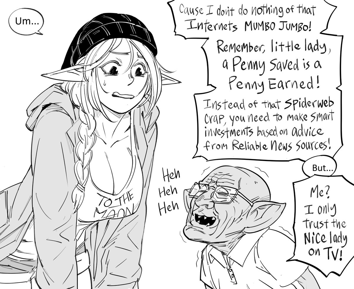 Patreon request:
Big boob Elf shilling crypto to boomers.

(The Goblin is 48 years old, and the Elf is 537.) 