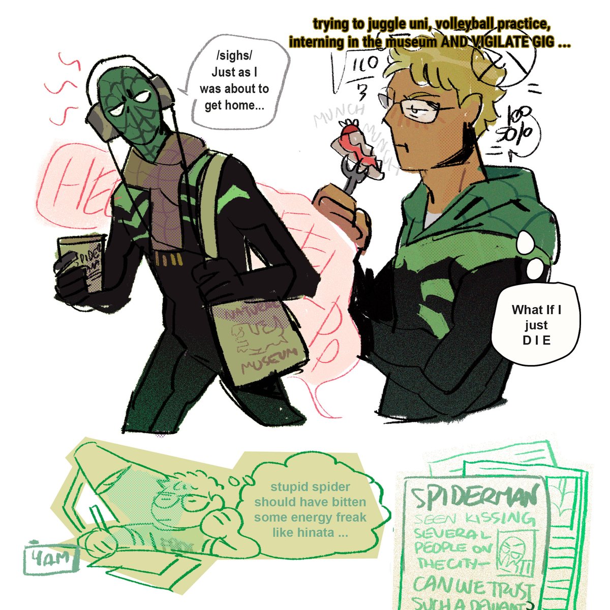 b1cr1ptic's tweet photo. * Taps mic* HELLO, HELLO, may I interest yall in reluctant, not-so-friendly-neighborhood Spider!Tsuki?  With special help from Yachi and Yamaguchi, lots of jabs from Kags and Hinata and THREE LOVE INTERESTS (who might or not be in cahoots with each other) .... https://t.co/JZ77jMtgIP