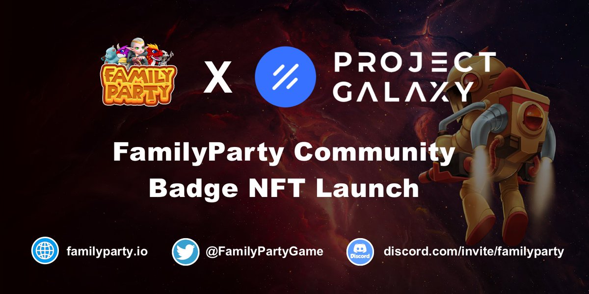 FamilyParty (@familypartygame) on Twitter photo 🎉🎉We’re delighted to announce the cooperation with <a href="/ProjectGalaxyHQ/">Now Galxe (Previously Project Galaxy)</a> to mint #FamilyParty Community Badge NFT!👏👏
🔖Rules:
1⃣Complete the gleam campaign task:
gleam.io/G9Rtd/familypa…
2⃣Claim your #NFT in FamilyParty Spaces:
galaxy.eco/familyparty/ca…
Let's start having fun!🚀🚀 🎉🎉We’re delighted to announce the cooperation with <a href="/ProjectGalaxyHQ/">Now Galxe (Previously Project Galaxy)</a> to mint #FamilyParty Community Badge NFT!👏👏
🔖Rules:
1⃣Complete the gleam campaign task:
gleam.io/G9Rtd/familypa…
2⃣Claim your #NFT in FamilyParty Spaces:
galaxy.eco/familyparty/ca…
Let's start having fun!🚀🚀