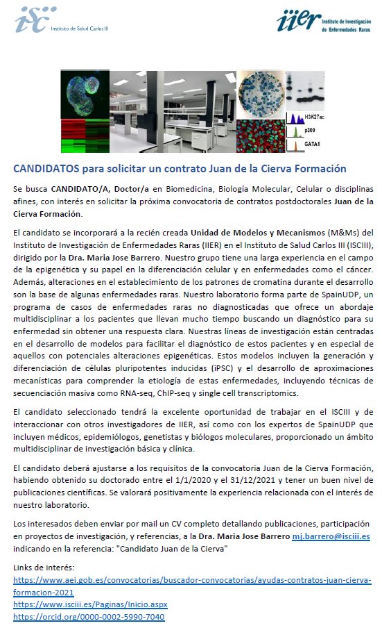 Buscamos candidatos para solicitar contratos #juandelacierva No te pierdas la oportunidad de utilizar #IPSC para modelar #enfermedadesraras en el #isciii