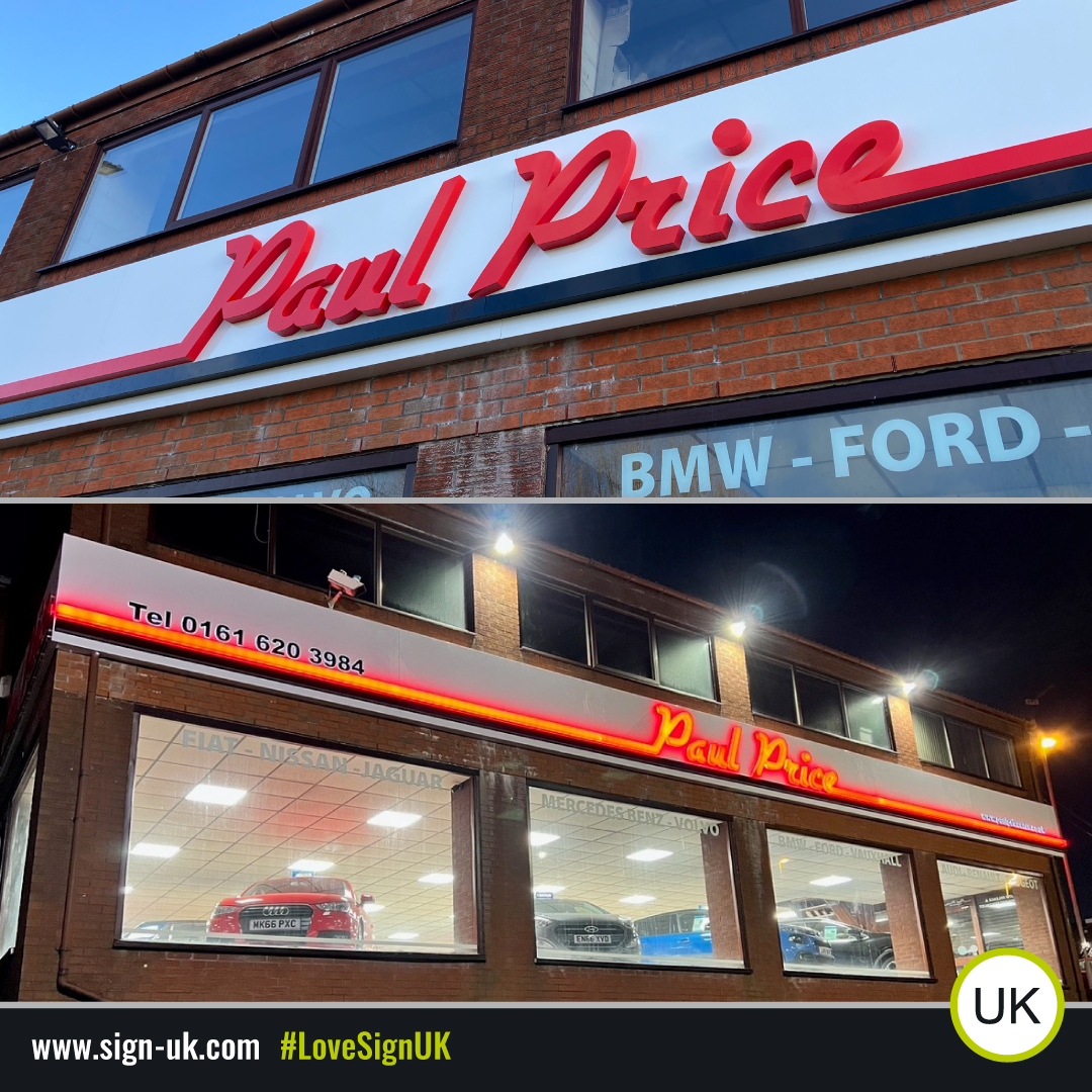 Sign_UK's tweet photo. New signage for Paul Price Car Sales in Oldham! 3D built up acrylics with LEDs, mounted to a fret cut signtray for the smaller halo effect text. We love it and so does the customer 😊!

#SignUK #PaulPriceCars #Signage #Signfitters #Signmakers #3Dletters #LEDSignage #LoveSignUK https://t.co/Yo69ASSUzK