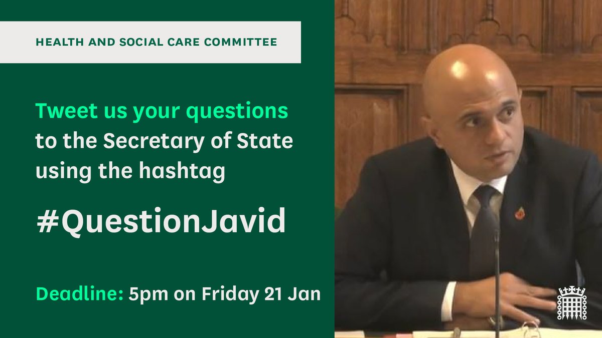 CommonsHealth's tweet photo. Do you have a question you would like to ask the Secretary of State for Health and Social Care, Sajid Javid? 🧐
Submit it using #QuestionJavid. We’ll ask him a selection of your questions at his next hearing on Tue 25 Jan.
More info in the tweet below👇 https://t.co/lYO5hVWBrX
