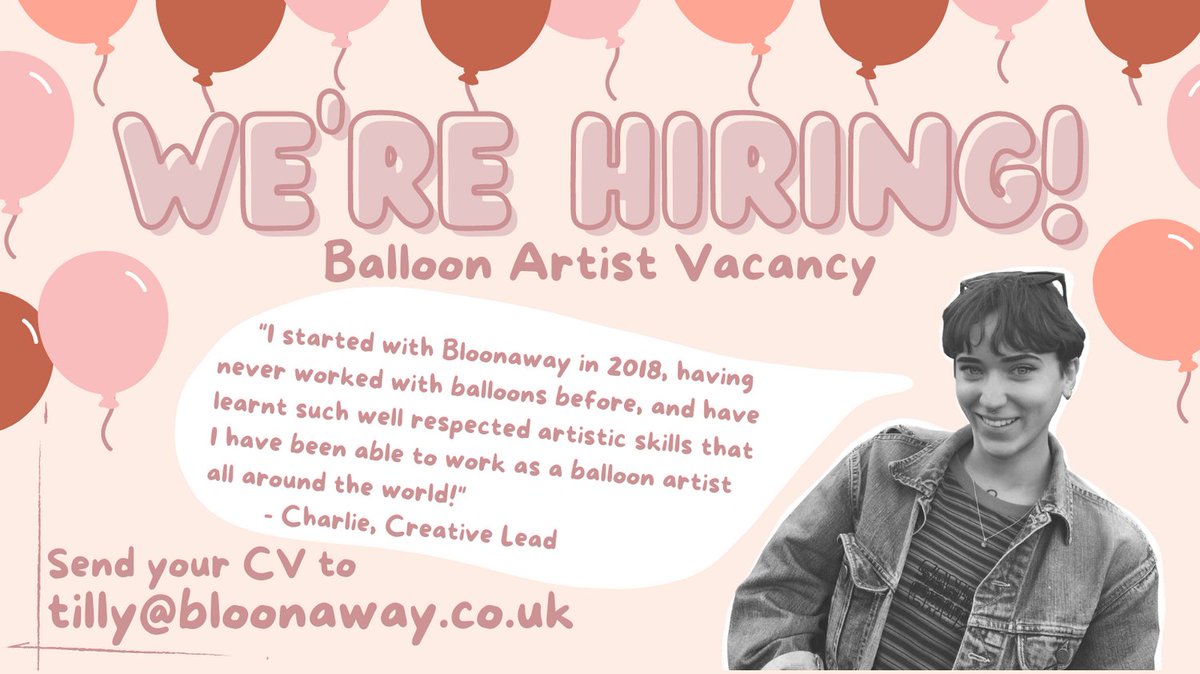 BloonAway🎈 (@bloonawayuk) on Twitter photo We're after a talented and passionate individual to join our ever expanding team, full-time!
Competitive rate of pay, independent and creative work environment, skill development.
Send CVs to tilly@bloonaway.co.uk
#eventplanning #party #balloons #balloonartist #balloon We're after a talented and passionate individual to join our ever expanding team, full-time!
Competitive rate of pay, independent and creative work environment, skill development.
Send CVs to tilly@bloonaway.co.uk
#eventplanning #party #balloons #balloonartist #balloon