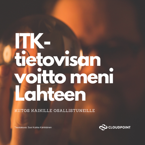 CloudpointFI's tweet image. ITK-tietovisamme voittaja on selvinnyt. Voitto osui Lahteen, kiitos kaikille osallistuneille! Voittajaan ollaan oltu yhteydessä henkilökohtaisesti.

#cloudpoint
#itk2021
#itkkonferenssi