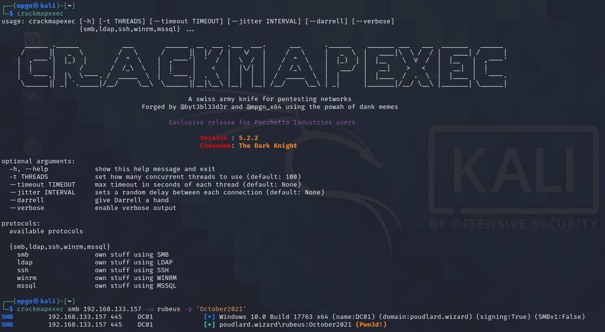 Good news ! CrackMapExec v5.2.2 is now available through <a href="/kalilinux/">Kali Linux</a> 🎉

Lot of juicy features available :
➡️ LAPS support
➡️ BloodHound integration
➡️ no more CTRL-C 
➡️ lot of new modules
➡️ LDAP support improvement

Update your Kali ⬇️
apt update &amp;&amp; apt install crackmapexec