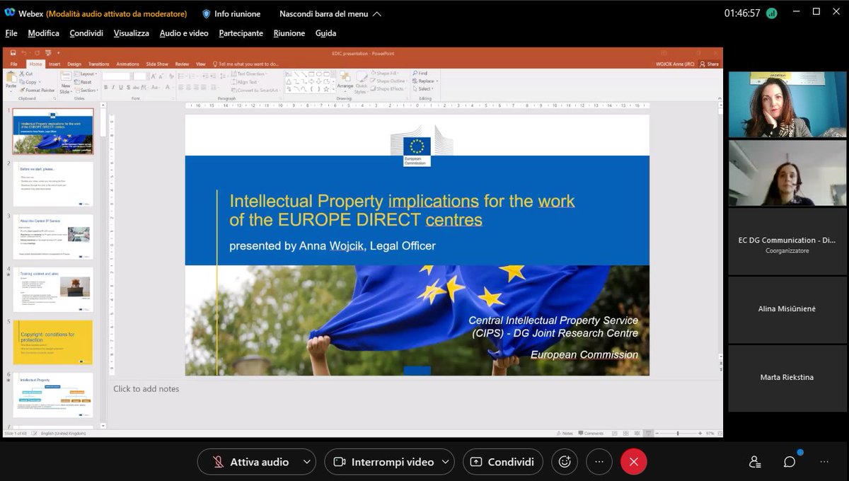 ednordestsicily's tweet photo. Attending the #Copyright training for EUROPE DIRECT centres held by #AnnaWojcik member of the @EU_Commission's Intellectual Property Team.
#CopyrightTraining #IntellectualProperty #ImageRights https://t.co/pmL5CIw2Wx
