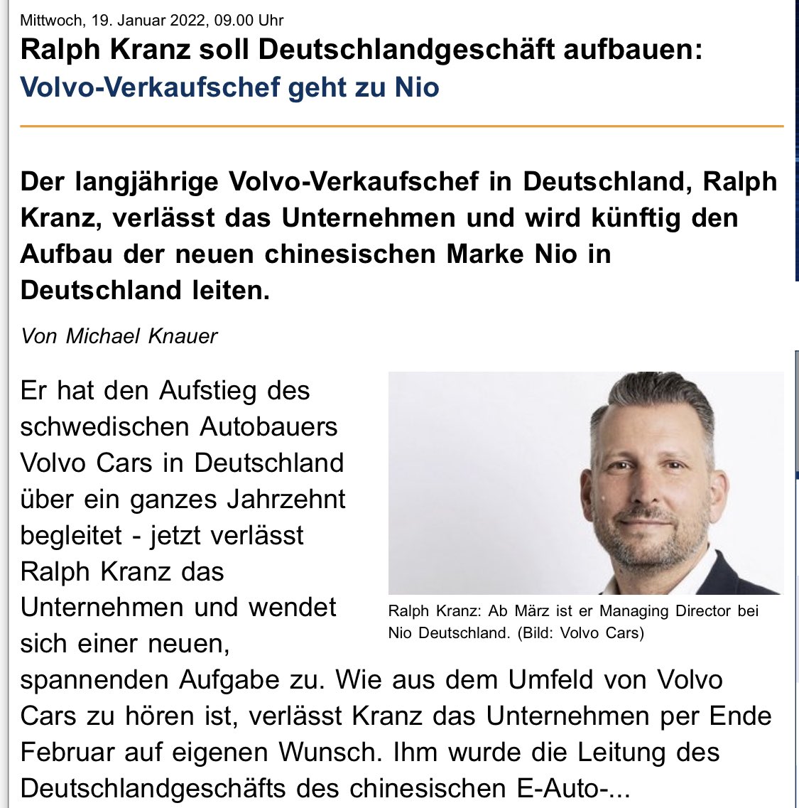 _mm85's tweet photo. According to media reports Ralph Kranz, the Director Commercial Operations of Volvo Car Germany, is leaving the company to join $NIO leading the sales organisation in Germany 🇩🇪 https://t.co/MdD8ARe62O