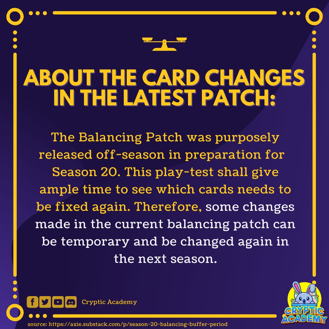 CrypticAcademy's tweet photo. #AxieNews🔰
📍 The Balancing Patch is purposely released off-season in preparation for Season 20👇.
📍 Moreover, Season 20 is aimed to launch first week of February.
✅ check balancing patch complete guide here: https://t.co/qrL0Rs4oUj
#AxieInfinity
#CrypticAcademy https://t.co/ibRuILSDk3