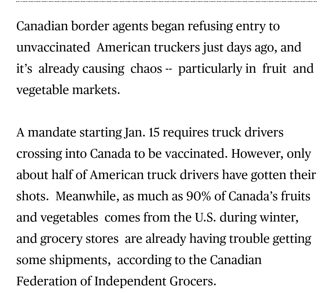chigrl's tweet photo. I did say get ready for shortages...we are only 5 days in..

Fruit and Veggie Outages in #Canada Get Worse With Trucker Shortages 

90% of Canada's fruit and vegetable come from the US in the winter https://t.co/kx4zLetpcp https://t.co/wdwgVuOoya