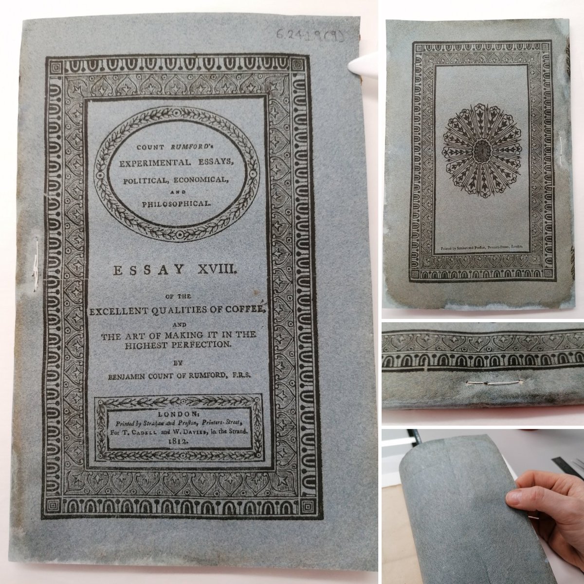 NLSColl_Care's tweet photo. Lord Rumford's essay on the excellent qualities of coffee, bound in its original blue wrapper. Date: 1812 https://t.co/yFHIAdg3Pt