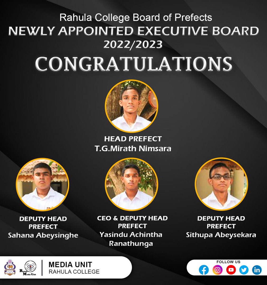 RahulaMedia's tweet photo. Congratulations To All Newly Appointed  Executive Prefects For The Years Of 2022/23 At Rahula College Board Of Prefects. 

Hope You Will Lead Mother Rahula Towards The Success.♥️ https://t.co/jw57g9nr2n