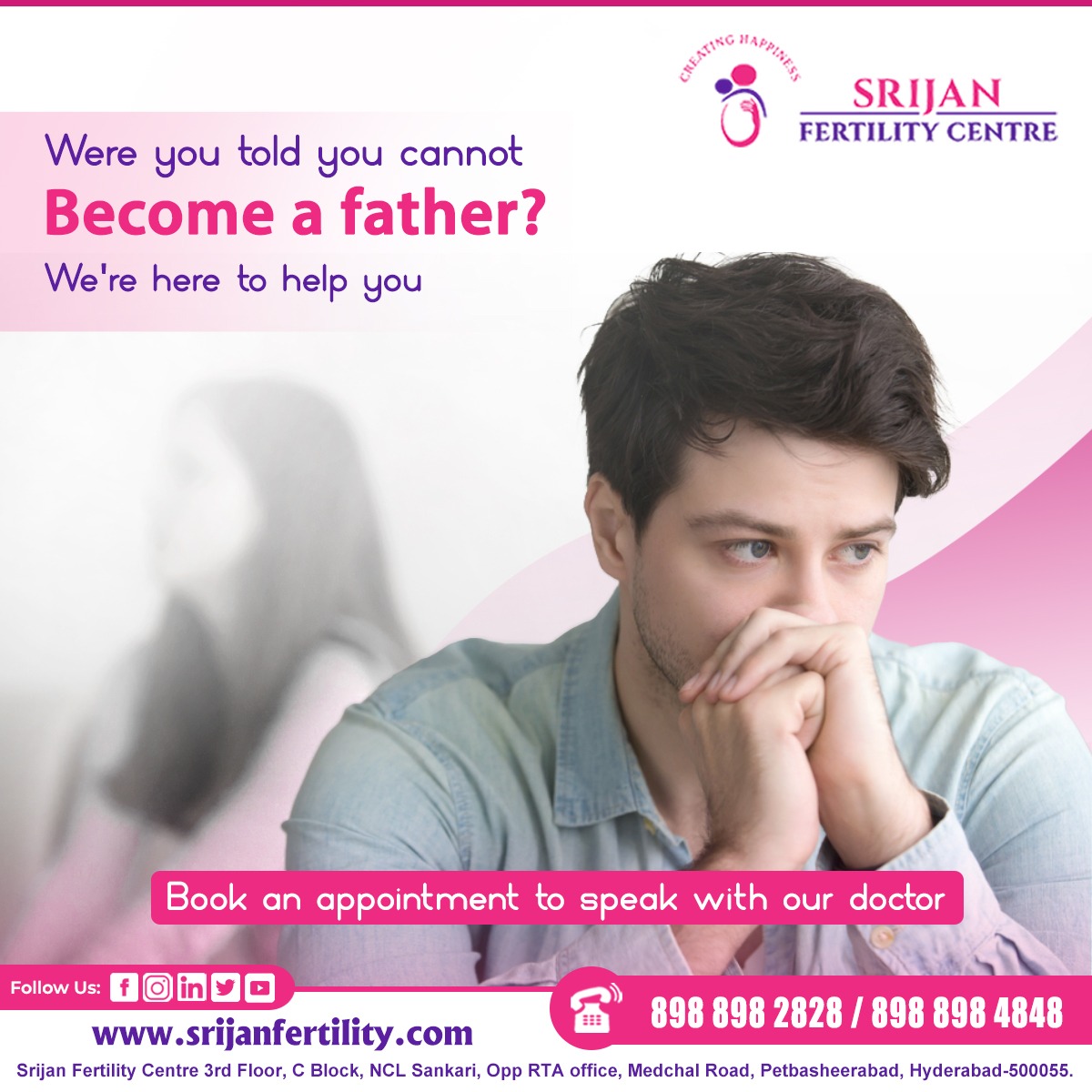 Srijanfertility's tweet photo. Were you told you cannot become a father?

World-class &amp; Advanced Fertility Care at Top Ranked Fertility Center in Hyderabad at #Srijan Fertility Centre.

#DrKSreedevi #DrKSreedeviGynaecologist #Gynaecologist #BestFertilitycentre #fertilitycentre #BlockedFallopianTubes https://t.co/E3snXaC6m7