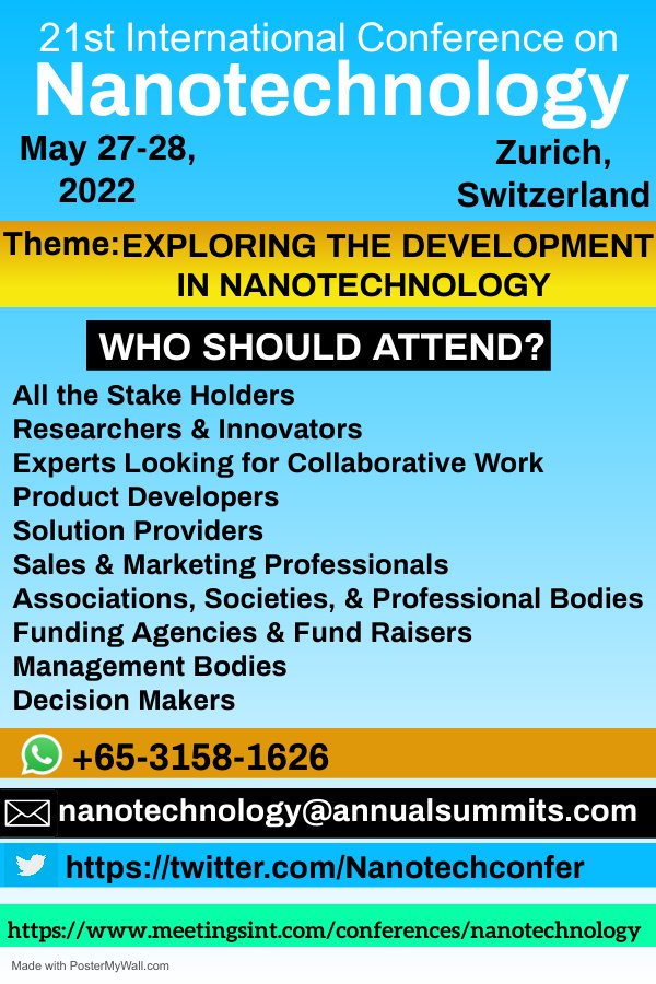 Nanotechconfer's tweet photo. Are you looking to attend a conference on #Nanotechnology?
Here is the chance to connect with us in Zurich, Switzerland at the international Nanotechnology conference.
Submit your Abstract and get registered. For more details: https://t.co/63egfDWB5k https://t.co/KiZQ12FTu9
