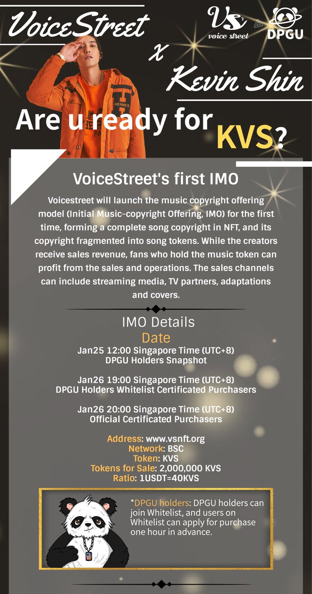 voicestreetnft's tweet image. 📢Mark your calendars! 🎼VoiceStreet Platform&apos;s First IMO Product to Launch on⏰ January 26th. There will be 200,000 KVS token🪙 free airdrop for fans. Don’t miss out on the opportunity to participate in this revolutionary Event🚀🚀

#MusicNFT #IMO #VoiceStreet #DPGU $VST $KVS