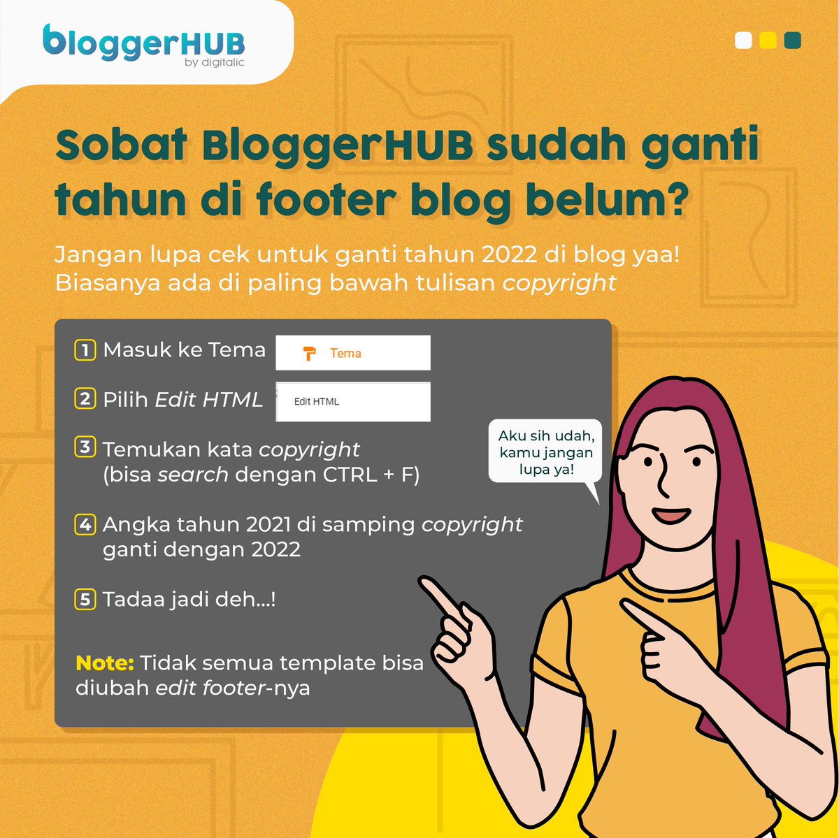 BloggerHubid's tweet photo. Sob, di tahun yang baru ini, tahun di credit footer blog-mu sudah diganti belum?
Jangan lupa ganti yaaaa~
Ini minHub bagikan sedikit caranya bagi para blogspot user.
#Blogger #BloggerIndonesia #Bloggers #TemplateBlog #BloggerTemplate https://t.co/juhm440d2M