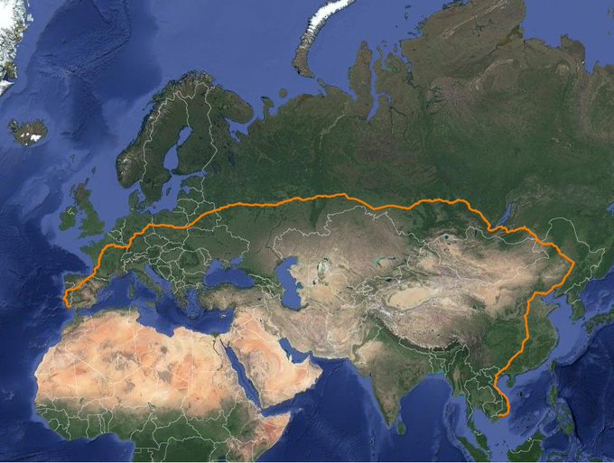This is the longest single uninterrupted train journey currently possible on Earth. Starting from the Portuguese coast, one can travel by train not just into China but all the way to southern Vietnam, a distance of 17,000 km (10,566 mi) [read more: ow.ly/Nmnx50xqY28]