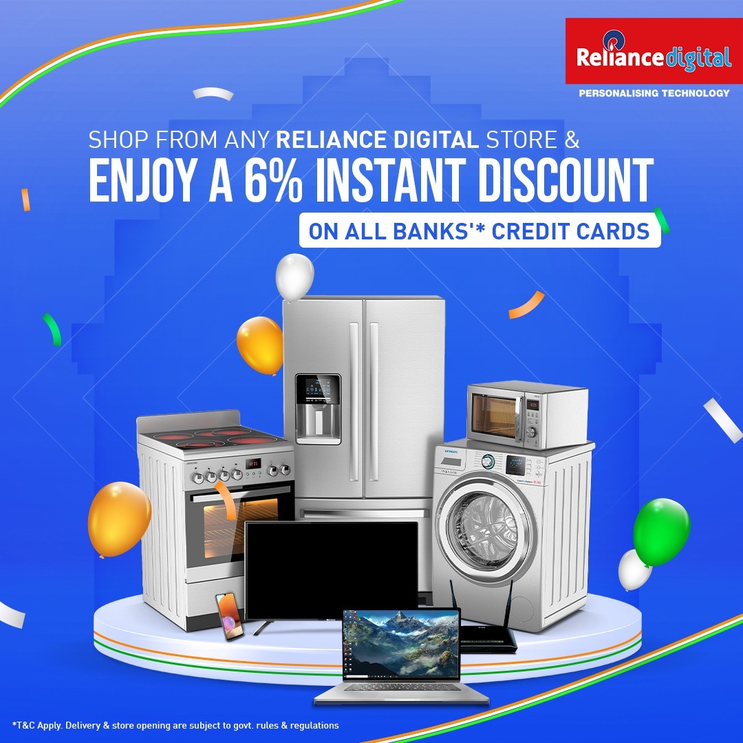 RelianceDigital's tweet image. Shop for your favourite tech from any Reliance Digital store &amp;amp; get a 6% instant discount on all banks'* credit cards. T&amp;amp;C Apply. Delivery &amp;amp; store opening are subject to govt. rules &amp;amp; regulations. #DigitalIndiaSale #Deals4India