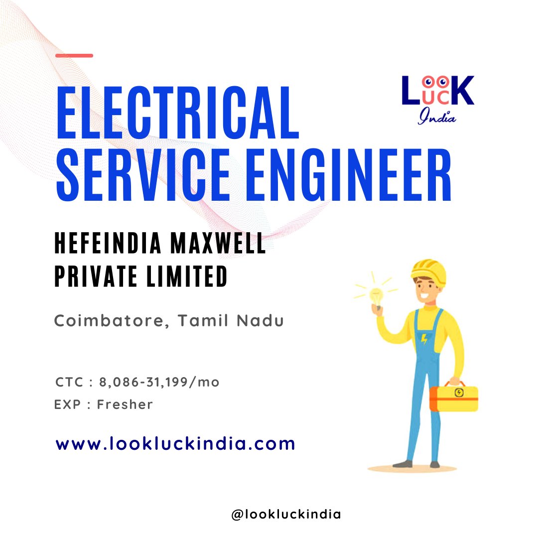 lookluckindia's tweet photo. Electrical service Engineer

For more information visit our website 

👉 https://t.co/YqmP2qkYfK

App link: https://t.co/vRSlctqd1z

#lookluckindia #jobs #coimbatore #jobalert #Electrical https://t.co/7nhxRk31i8