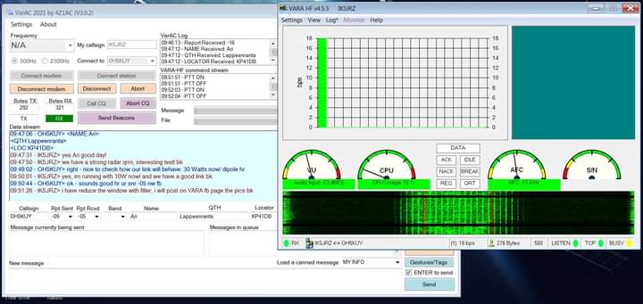 Tzalama's tweet image. Fine contact on #VARA under heavy QRM ( #OTHR ) on 14 MHz between IZ5JRZ and OH5KUY Worked like #QRP -stations testing #EMCOM on 500Hz and 2300Hz