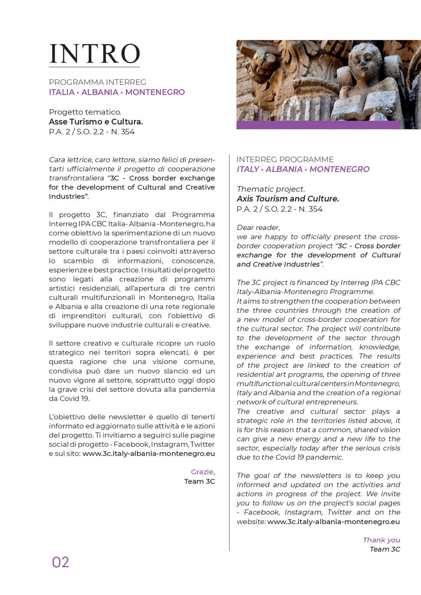 3c_project's tweet photo. We are super glad to introduce to you the first #newsletter of 3C Project!
We hope you enjoy it!
#3C #ItalyAlbaniaMontenegro #Madeininterreg #EUinmyRegion #CoesioneInCorso https://t.co/QjfdYNMFLJ