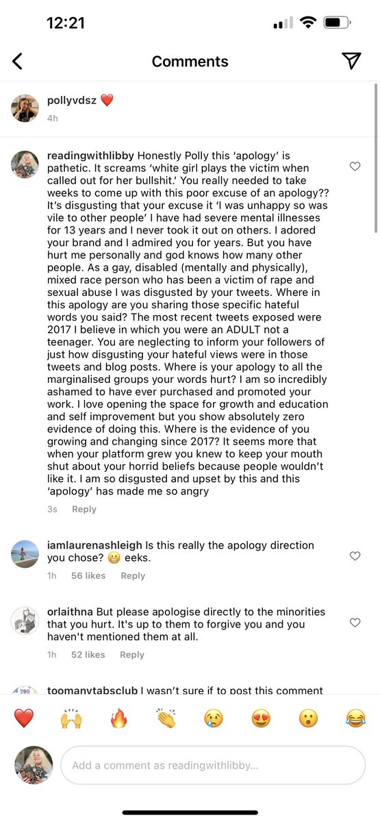 libby_barts's tweet photo. Polly from sigh FINALLY posted but to be quite honest I wish they hadn’t. Images 1-3 are from her ‘apology’ Image 4 shows my reply in the comments. I am disgusted, angry, upset and very ashamed to have ever interacted with her, bought her products and promoted them https://t.co/Vl1PRXt80h
