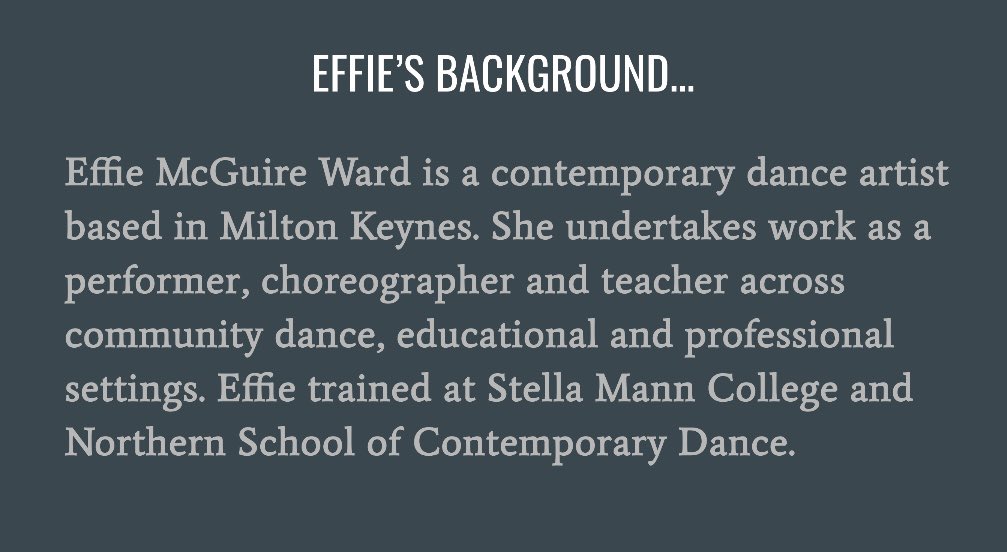 youthartshull's tweet photo. π4 DAYS PEOPLE!!! One of todayβs artist profiles is Effie McGuire Ward.
For the #creativevoiceplatform , Effie will be meeting and working with young people from @WilberforceSFC to create a dance in a day ready for the evening performance. #hulldance https://t.co/OeIO7UUKgo