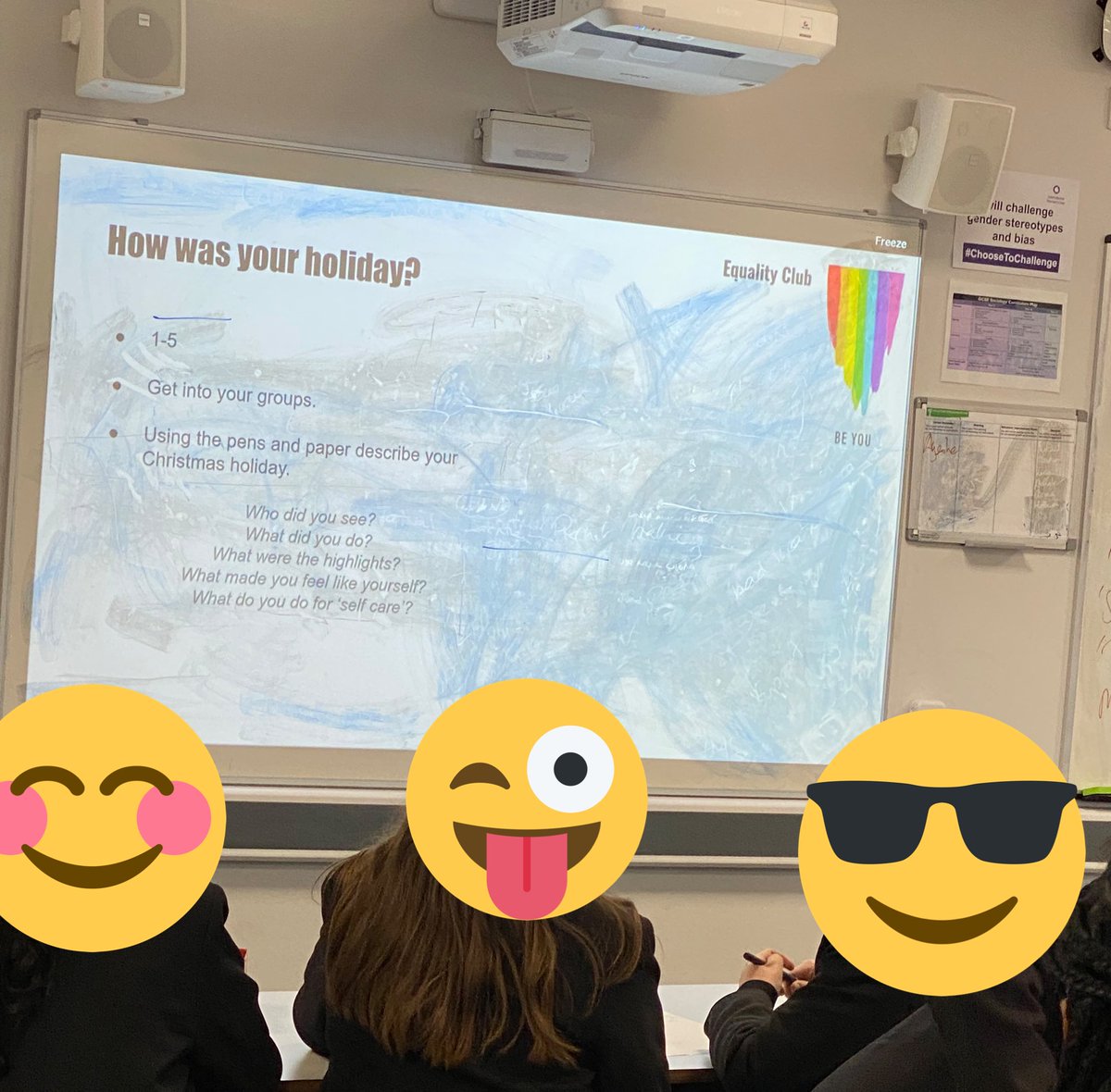 Today’s Equality Club is focussing on our break away from school over Xmas period. 

We’re exploring how we ensured we took time for self care and what we did to make sure we always felt like ourselves 😊

#WeAreFGCS 
#EqualityClub