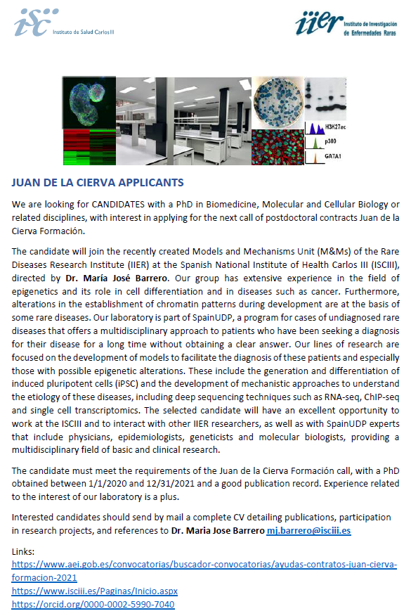 We are looking for junior postdocs interested in applying for a #juandelacierva contract. Don't miss the opportunity to work in #ipsc models of #RareDisease