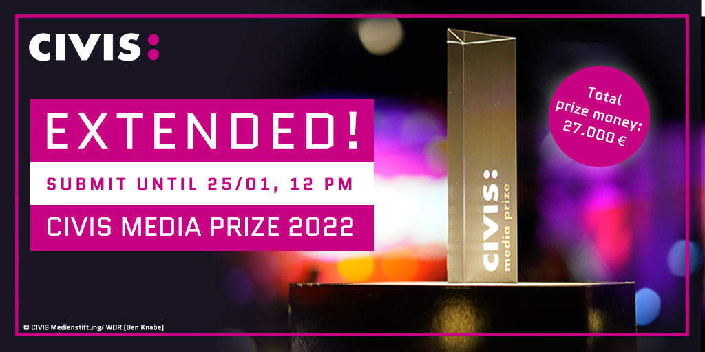 Competition period extended❗️

Submit your productions on the topics of #migration, #integration and cultural #diversity in #Europe until the 25/01/22, 12 PM (UTC+1). 

To submit, click here: einreichung.civismedia.eu/?lang=en
Conditions of participation:
civismedia.eu/en/media-prize…

#civis2022