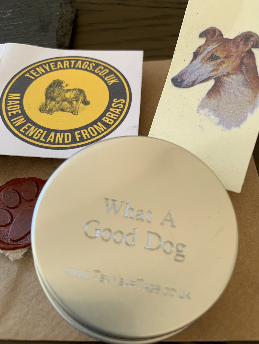 Kriskirb's tweet photo. Just received this lovely package. Gorgeous wrapping, personalised with a paw seal. And stunning brass dog tags @TenYearTags Quality items. Thank you from me and Lewie #dogtags #tenyeartags #RescueDogs https://t.co/17yo1tSk10
