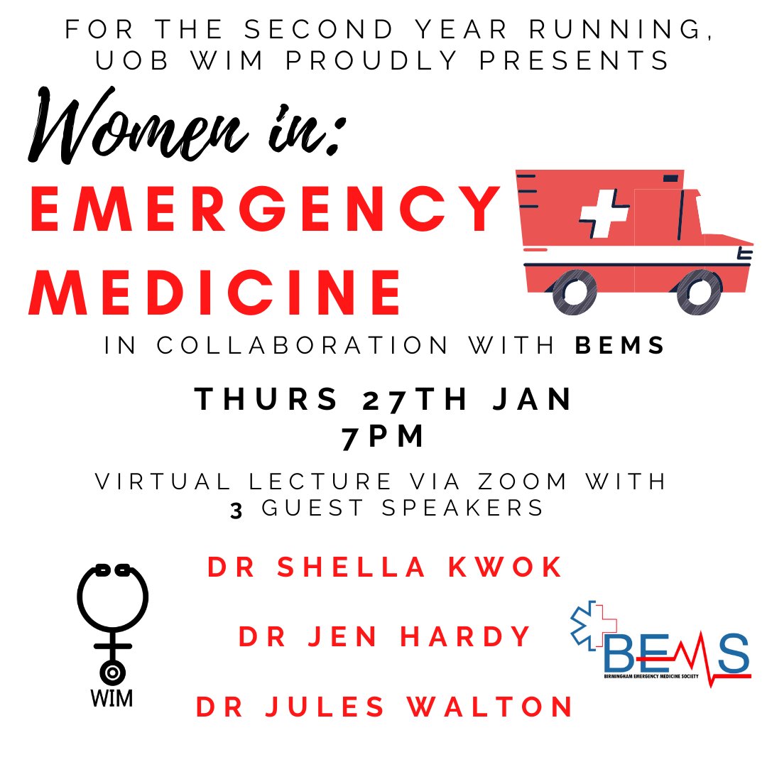 uobwim's tweet photo. Join us for our Women In: Emergency Medicine talk again in collaboration with @bemsbirmingham ! 
2 consultants and 1 registrar will talk us through their careers, what it’s like being a woman working in the specialty and their EM interests. Not to be missed! https://t.co/y9Ybr0IbTS