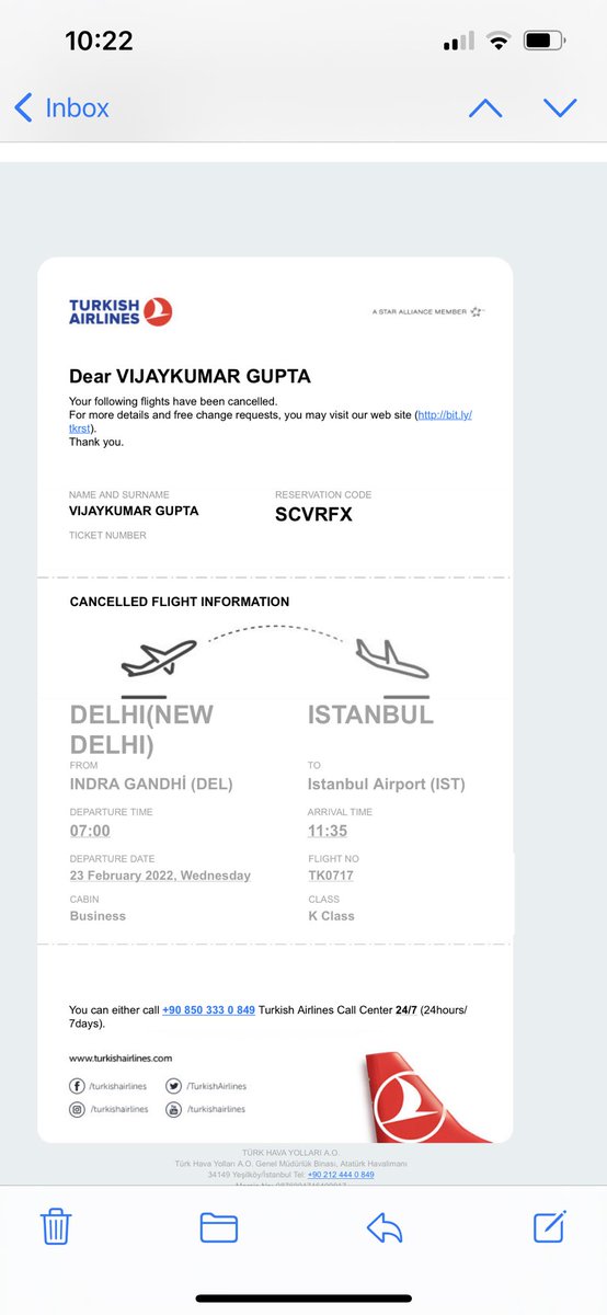 ShavetJain's tweet photo. @TK_INDIA Hi, just got this mail. One leg of this travel is canceled and I haven’t been given any rescheduled flight or options. Can’t get through your number either. What’s the point of booking business class with you? Kindly revert asap https://t.co/1MWLsu16zw