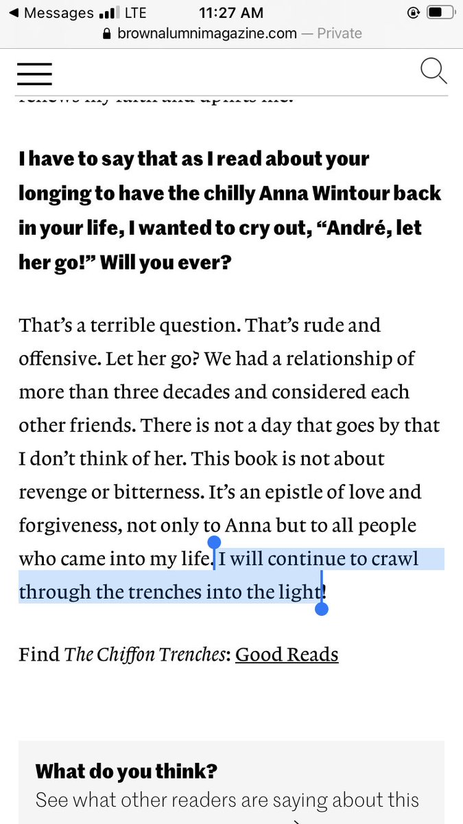 This 2020 interview @TimMurphyNYC did with André Leon Talley is a doozy but the last graf and THAT LAST LINE 👀: “I will continue to crawl through the trenches into the light” brownalumnimagazine.com/articles/2020-…