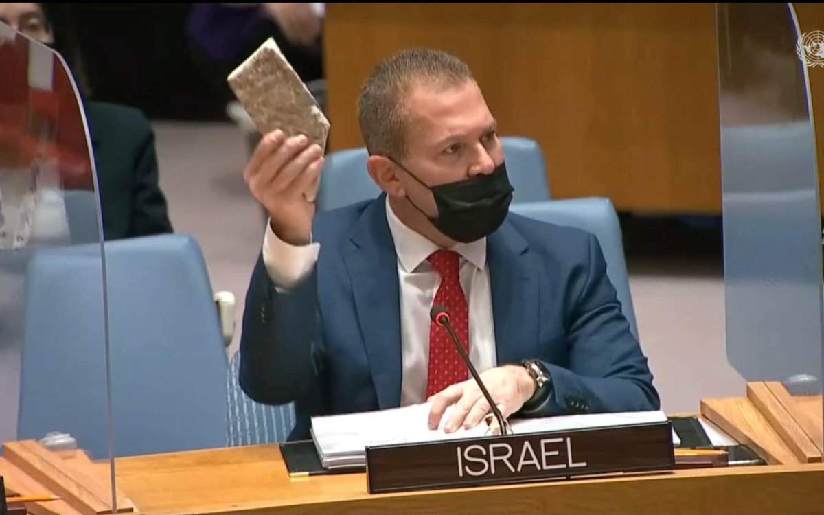 LahavHarkov's tweet image. .@giladerdan1 shows the UN Security Council a large rock like the kind Palestinians threw at Israeli vehicles 1,775 times in 2021: "If a rock like this would hit your car while you drove home with your children, wouldn't you think this is a terror attack that must be condemned?"