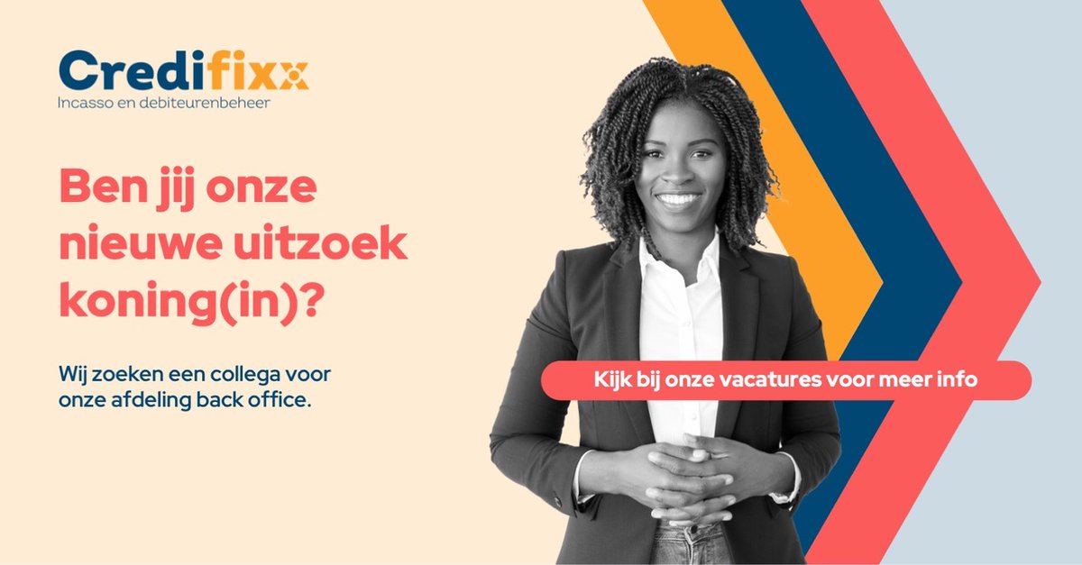 Credifixx's tweet photo. JOB ALERT!

Voor onze afdeling Back Office zijn wij op zoek naar een nieuwe collega. Ben jij iemand die net dat stapje extra zet, ben je prestatiegericht en ben je toe aan een nieuwe uitdaging? 

Een leukere baan vind je bij Credifixx Incasso!

https://t.co/IQkpcODwWs https://t.co/qpiKzSe1C0