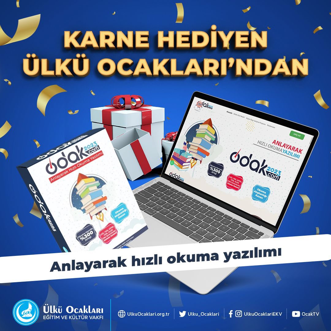 Okuma hızını %300 artıran, sınavlarda zaman kazandıran Odak2023 Hızlı Okuma Yazılımını 50.000 öğrenciye ücretsiz hediye ediyoruz.

Sizlerde en yakın Ülkü Ocaklarına karnenizle gelerek Odak2023 hediyenizi alabilirsiniz.🚀

#KarneHediyenOcaktan