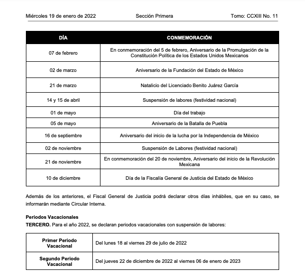 alcco_mx's tweet photo. Publica la #GacetadeGobierno del @Edomex este 19 de enero de 2022, el #CalendarioOficial correspondiente al año 2022, que regirá a los servidores públicos de la @FiscaliaEdomex
.
Compartimos y que sea útil.
https://t.co/18MPlT5JxD https://t.co/V7QRExz9Re