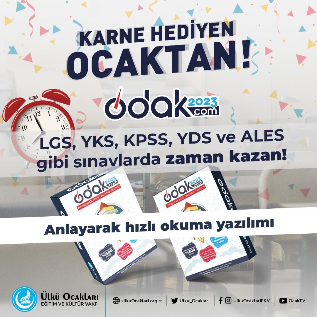 Zamanın her alanda kıymetli olduğu bu dönemde zaman kazanmanız için Odak2023,Liderimiz Devlet Bahçeli’nin hediyesi olarak Ülkü Ocakları İl ve İlçe Başkanlıklarımızdan alabilirsiniz.

#KarneHediyenOcaktan
