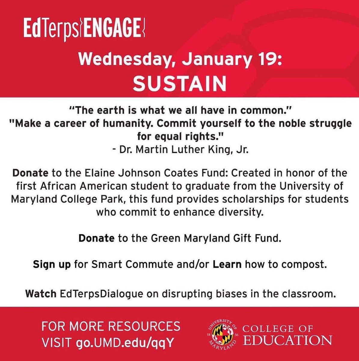 UMDCollegeofEd's tweet photo. To continue COE's #MLKDayofService Week. Today we are focusing on SUSTAIN.
"The earth is what we all have in common." "Make a career of humanity. Commit yourself to the noble struggle for equal rights." - MLK #EdTerps #UMD #EdTerpsEngage #MLKDay
https://t.co/ZXGCfbkJyr https://t.co/DkZyTY9Iog