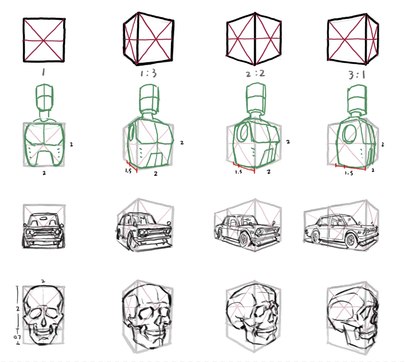 shouh_'s tweet photo. I learned a bunch from @KrenzCushart and found his way of teaching perspective to be digestible and practical. If you would like to have any art help or want to talk shop, please hit me up! Here we have the rotation in 0, 22.5, 45, &amp; 67.5 deg. 

#drawingtutorial #artfoundation https://t.co/PMsfpjZ6xh