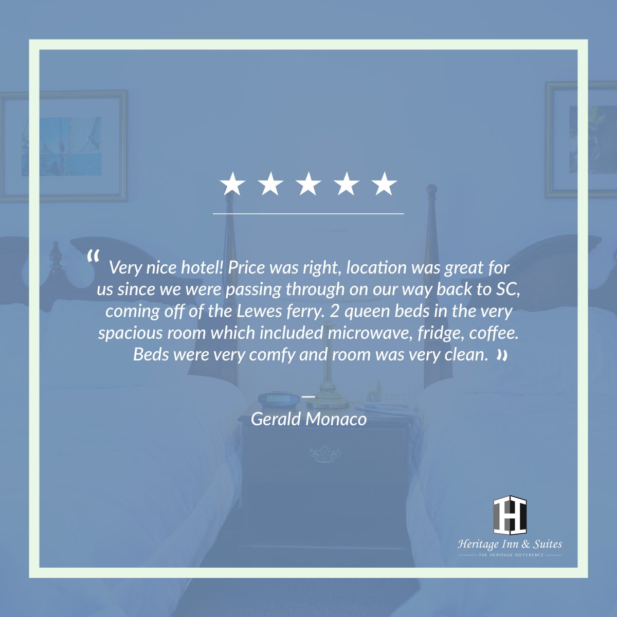 ⭐ ⭐ ⭐ ⭐ ⭐ review
We are very happy to see that you were able to love your time here at the Heritage Inn &amp; Suites. We cannot wait to welcome you back again soon!

Source- Google