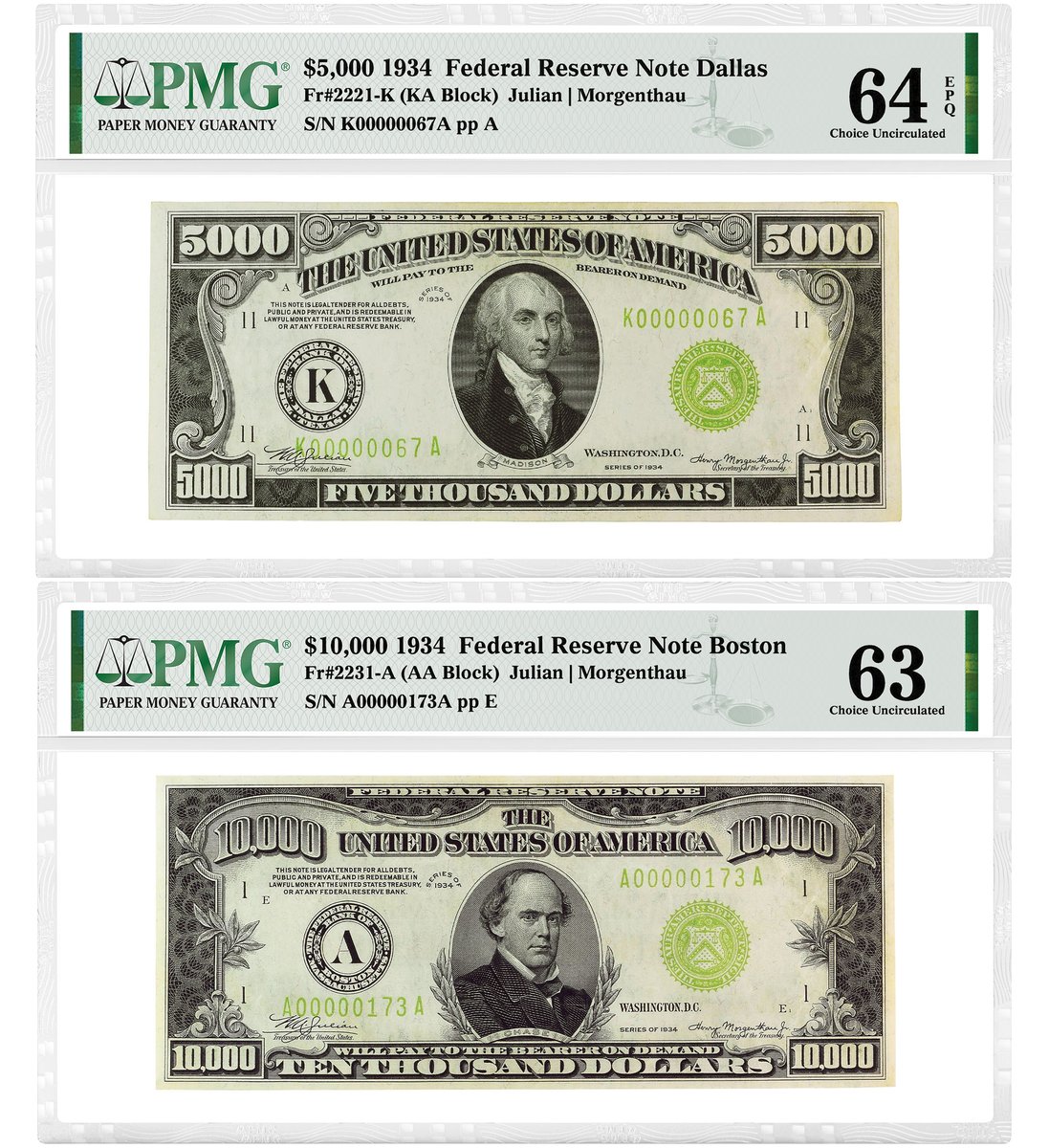 PMGnotes's tweet photo. These two high-denomination US notes that were certified by PMG realized $312,000 and $300,000 in a Heritage auction this month! Learn more: https://t.co/274S9tcO6U #numismatics #banknote #notecollecting #papermoeny #usbanknote #notecollecting #notecollector #FRN https://t.co/b61TUoThcc